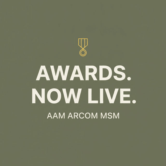 Announcement card reading Awards. Now live. AAM, ARCOM, MSM.